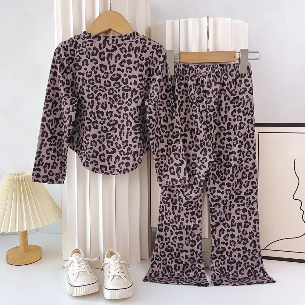 Bear Leader 3-7 Years Fashion Coffee Leopard Print Children's Sets Autumn Long Sleeved Round Neck Top+Flared Pants Girls Clothes