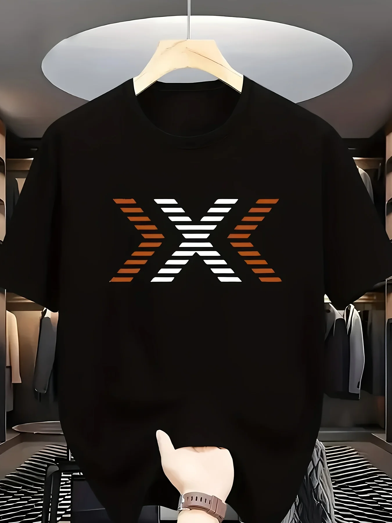 Men's breathable polyester sports T-shirt - round neck short sleeves, eye-catching special geometric shape chest print design,