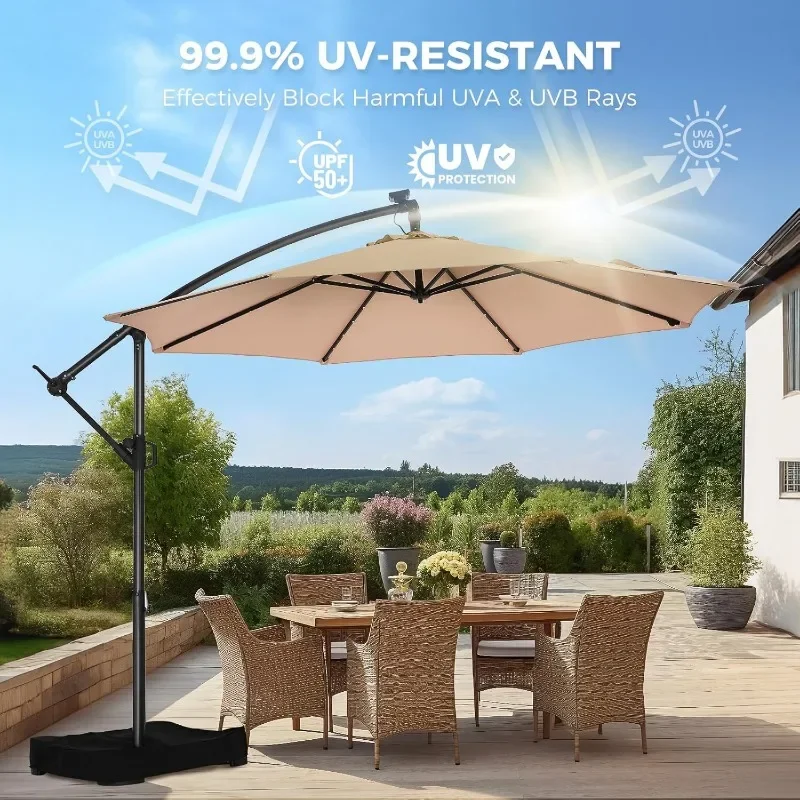 10ft Solar Lights Offset Cantilever Patio Umbrella - w/Light and Base, LED Lighted Offset Hanging Patio Outdoor Market Umbrella