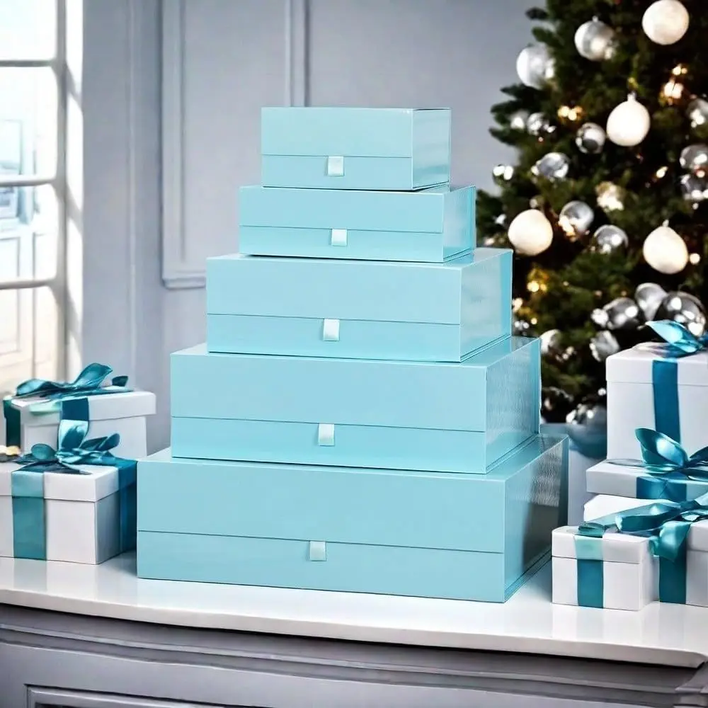 مجموعة ثلاثية من علب الهدايا الزرقاء XL - 19 × 16 × 6 بوصة، غطاء مغناطيسي للإغلاق، مثالية لرفقاء العريس وأعياد الميلاد وأعياد الميلاد والكبيرة