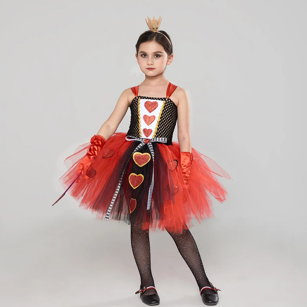 Girl's Wonderland Queen of Hearts Halloween Costume Royal Red Hearts Carnival Cosplay Clothes Fairy Tale Kids Fancy Gown Dresses