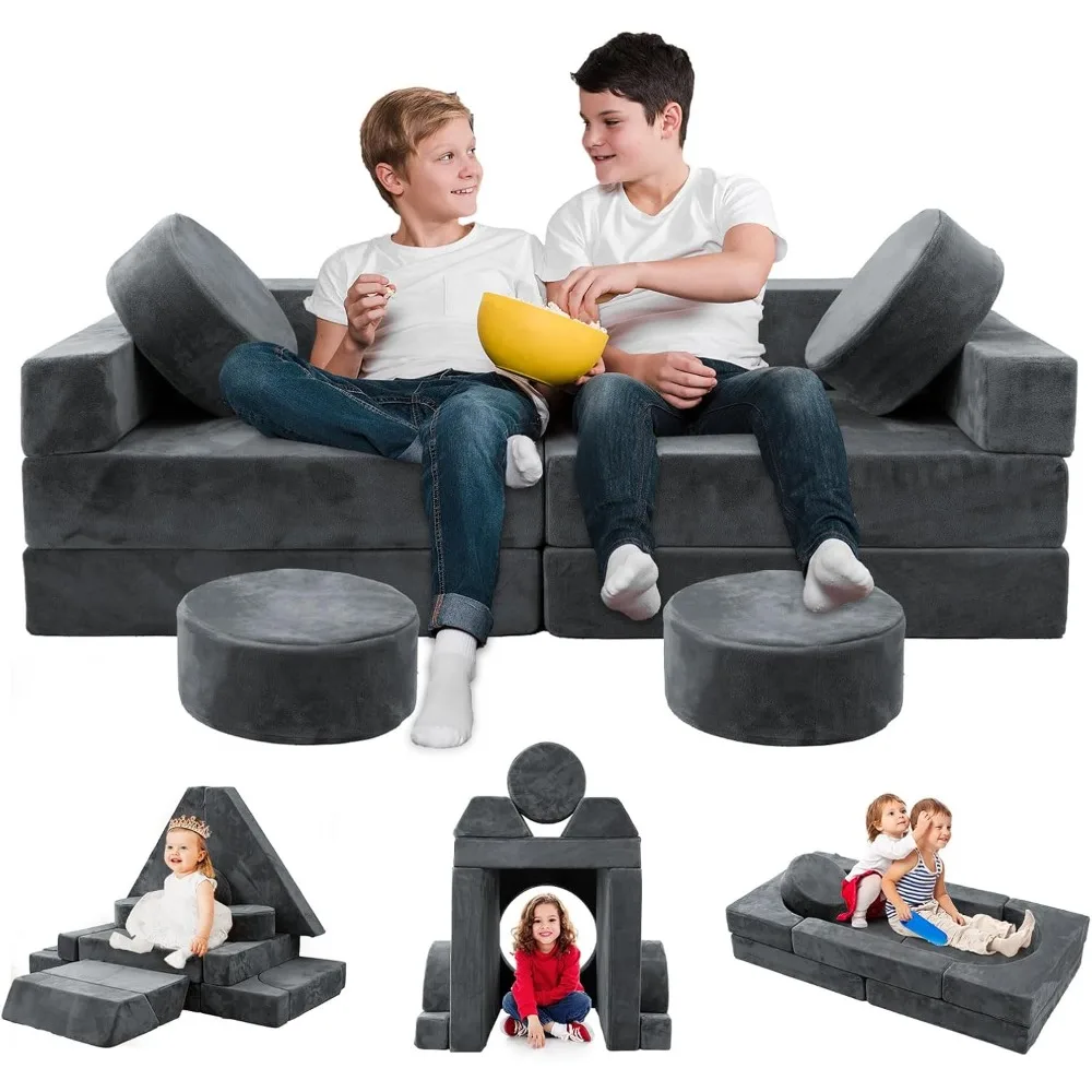 16pcs Modular Kids Play Couch, Kids Toddler Couch, Child Sectional Sofa, Convertible Foam and Floor Cushion, Dark Grey