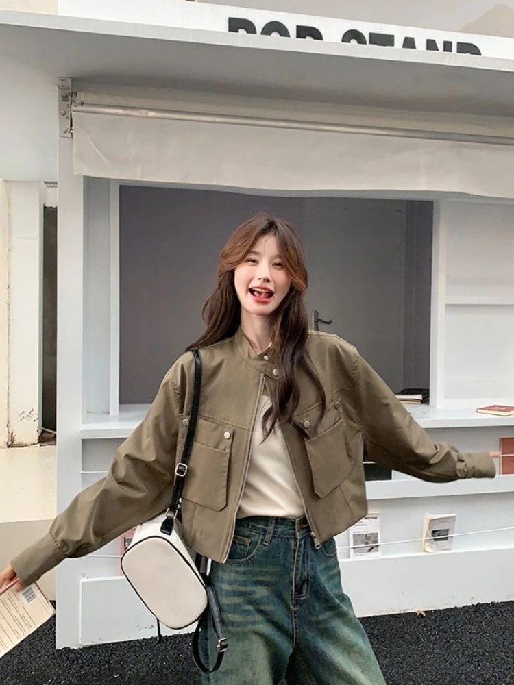 2025 Spring Autumn New Korean Chic Green Short Cargo Jacket Women's Unique Design Casual Wear