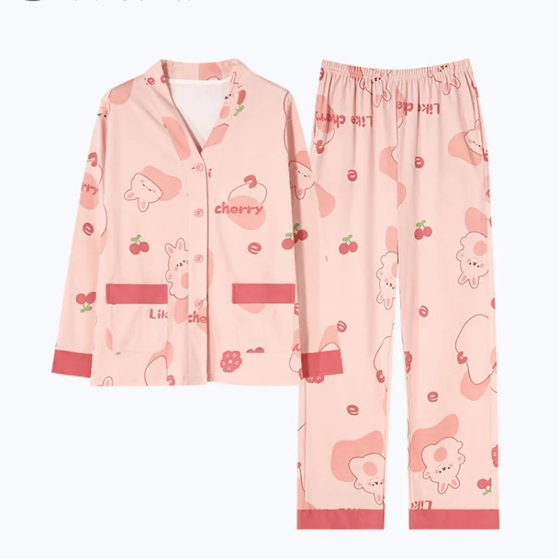 Girls High-grade Cotton Pajamas Ladies Spring Autumn Sleepwear Women Long Sleeve Loungewear 2-piece Set Plus Size Home Clothes