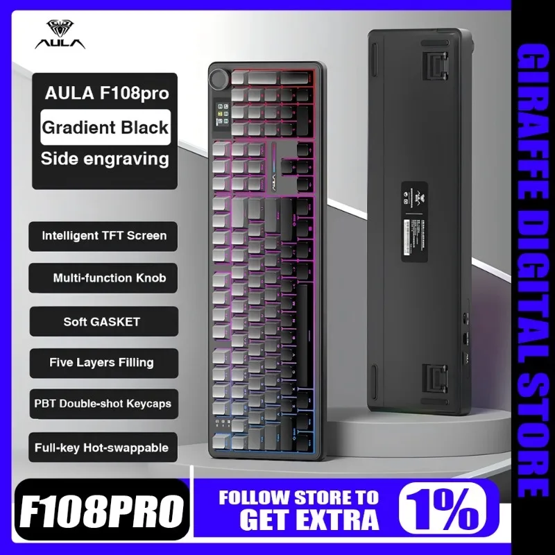 

AULA F108 Pro Mechanical Keyboard104key Tri-mode Wireless Bluetooth RGB Side Carving Gradient Hot Swap 8000mAh E-sport Game Gift