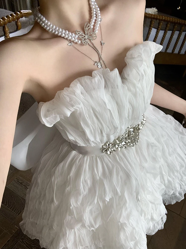 REDDACHiC Vestido tubo para mujer con lazo desmontable cinturón de diamante blanco con cordones sin espalda Mini vestido de princesa vestido tutú para fiesta de cumpleaños