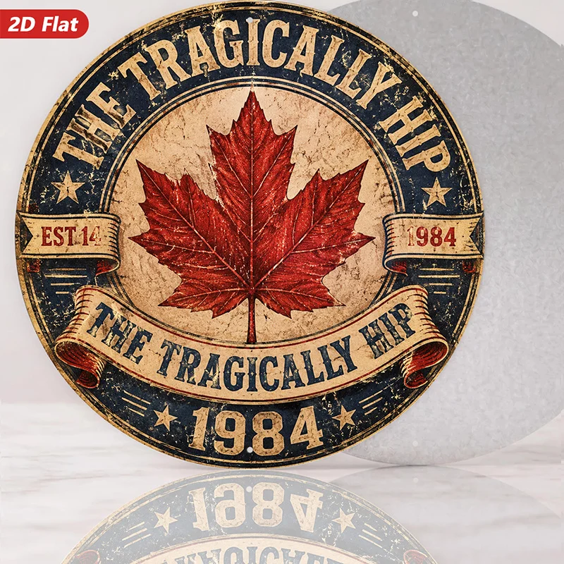 2D Flat, 1pc Vintage Maple Tribute Round Metal Sign Wall Art, The Tragically Hip Text, Home Decor, Ideal for Studio Entryway, Re