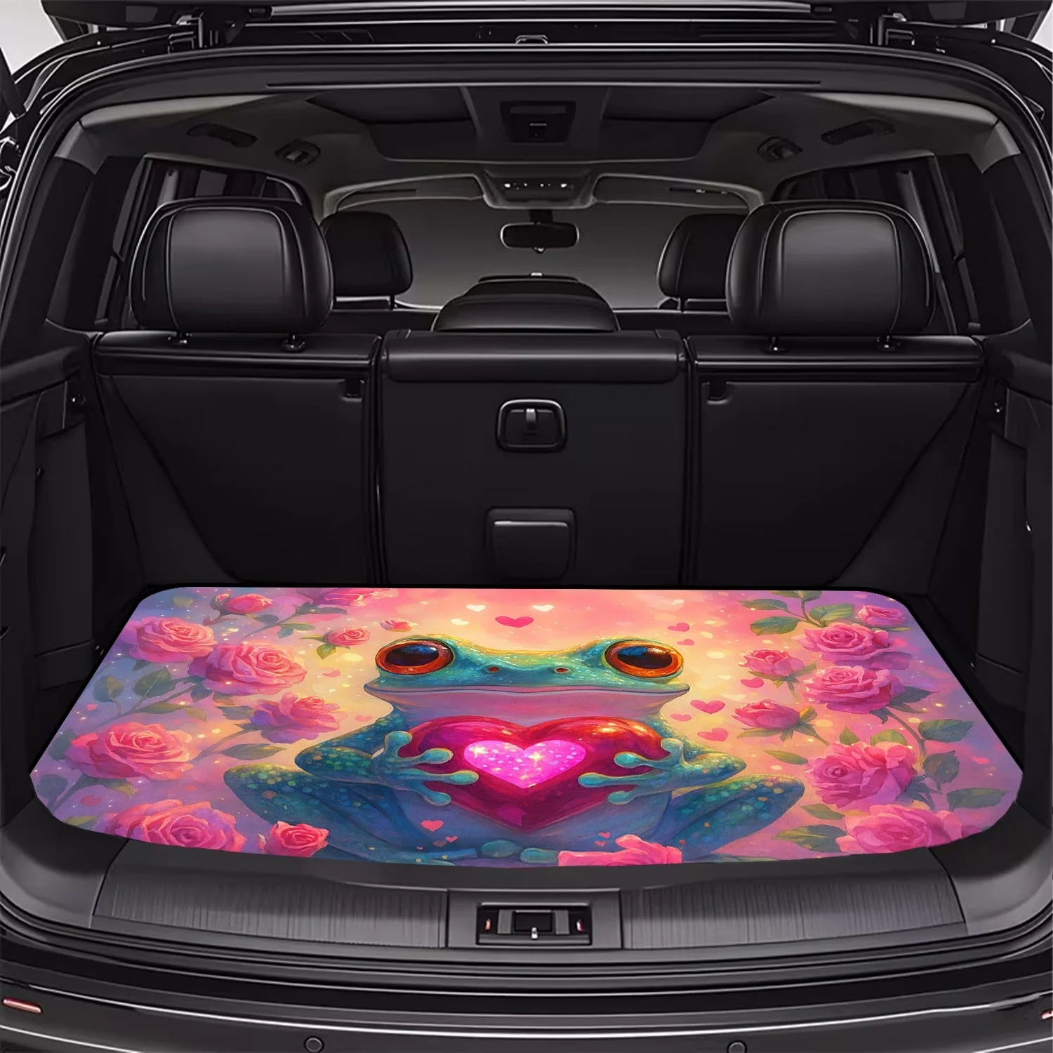 1pc Of A Romantic Frog And Rose Sea Pattern - Polyester Fiber Car Trunk Mat, An Essential Item For Travel, Compatible With Vario