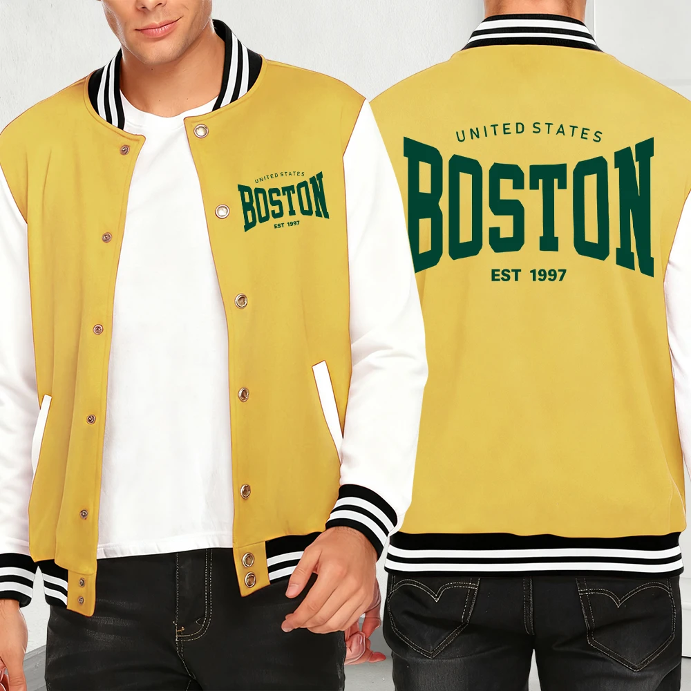 

Boston United States Est 1997 Print Men Jackets Cartoons Baseball Jersey Loose Casual Tops Streetwear Autumn Fashion Fleece Coat