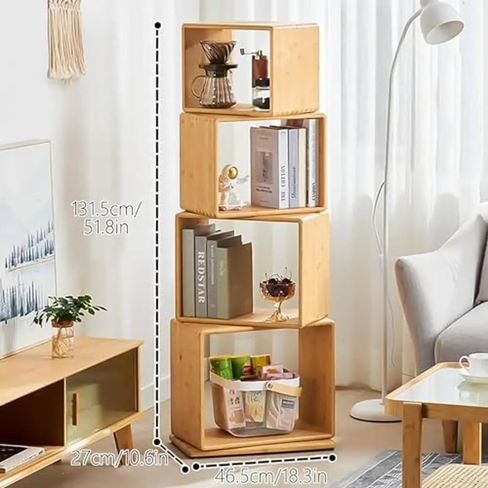 Rotating 360° 4-Tier Bamboo Bookshelf Large Capacity Open Storage Shelf Creative Nightstand Cabinet Shelf Square Shelf Durable