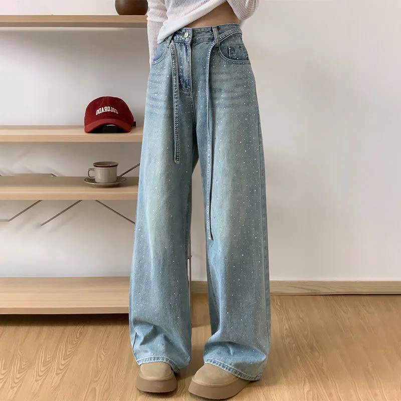 Large-sized Ironed Wide-leg Jeans Women, New Spring/Summer 2025 High-waisted Drawstring Straight-leg Pants Female Denim Trousers