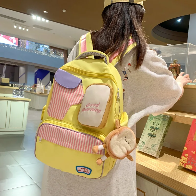 Cute Yellow Multi-pocket Backpack Casual Student Knapsack Adjustable Strap Large Capacity Boy Girl Rucksack For High School 2024