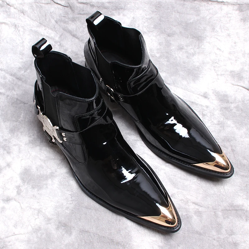 Punk Style Genuine Leather Men Ankle Boots Iron Black Slip On Men Dress Boots Italian Formal Fashion Men Chelsea Boots Pointy