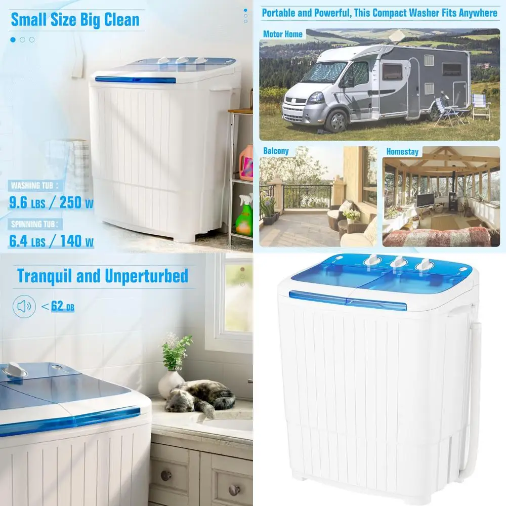 

Компактная стиральная машина с двумя баками и функцией отжима (18 фунтов) — идеально подходит для небольших помещений, кемпинга, общежитий, автодомов и деликатной стирки.