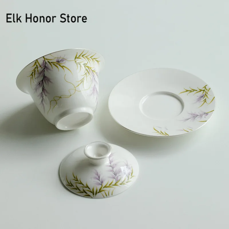 150ml Pure Hand-painted Wisteria Flower Gaiwan Luxury Tracing Silver Tea Tureen Household Tea Maker Cover Bowl Cafes Decoration