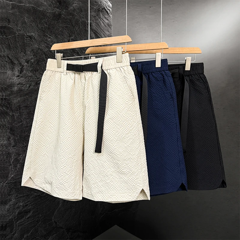 

2025 Summer Casual Shorts for Men's Ice Silk Light and Quick Dry Adjustable Belt Trendy Sports Centre Pants Black Navy M-5XL