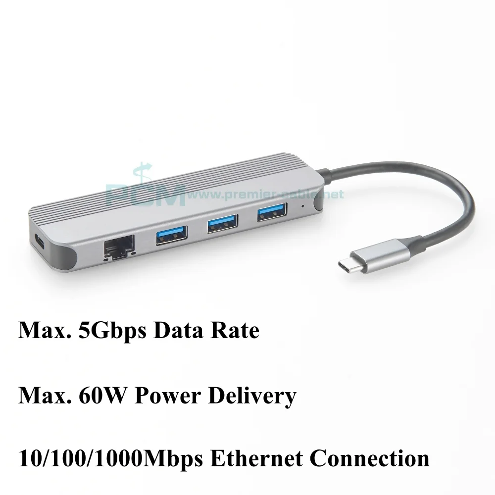 USB 3.0 Hub, 5 In 1 USB-C to RJ45 Gigabit Ethernet Adapter Extender with 10/100/1000Mbps RJ45 Ethernet, PD60W, 5Gbps USB3.0 Port