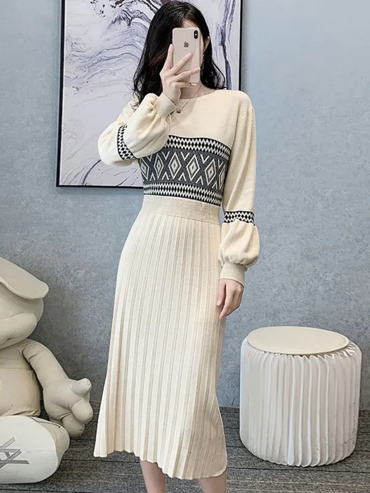 Women's Soft Glutinous Rhomboid Knitted Dress Autumn And Winter Fashion Design Sense Small Crowd Waist Mid Length Skirt 2024 New