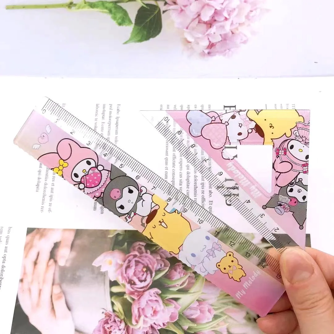 MINISO Sanrio 4 Piece Set Student Stationery Triangle Protractor Set Kawaii My Melody Hello Kitty Kuromi Measuring Ruler Set