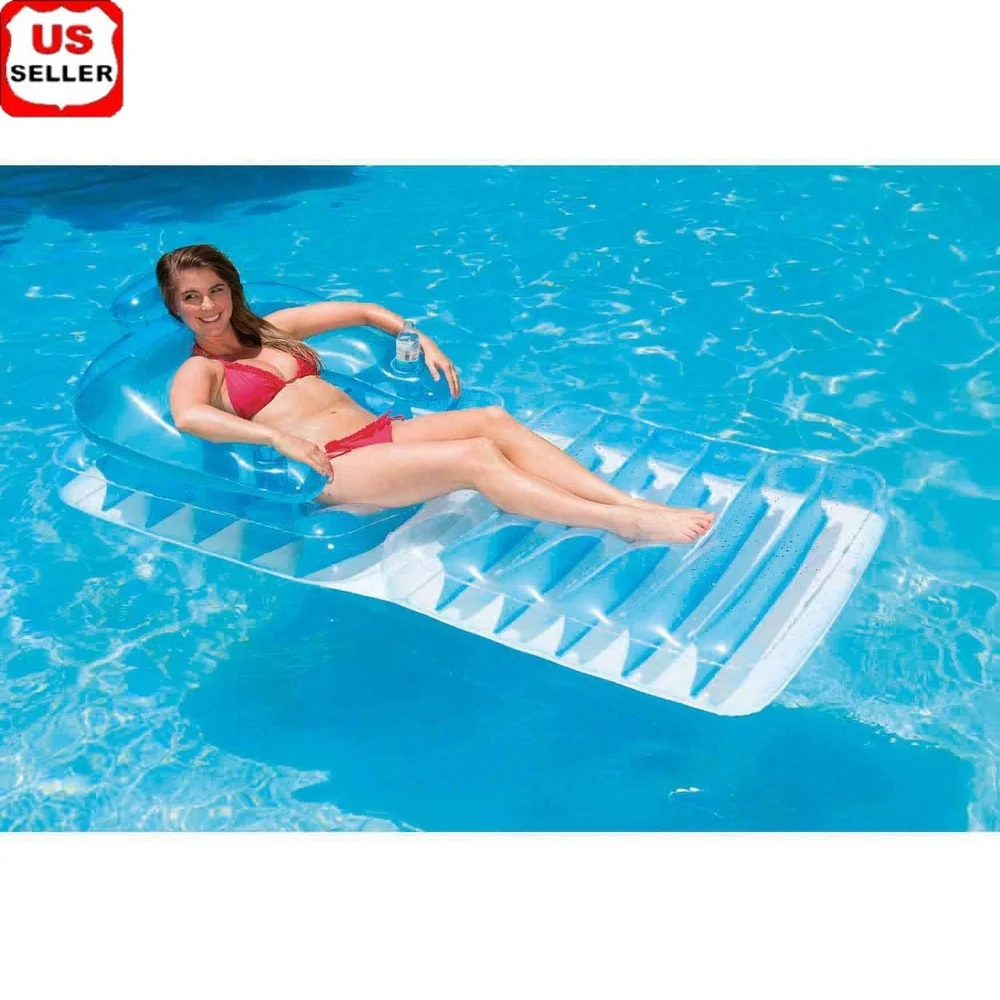 

Extra Long Floating Lounge Chair with Horseshoe Backrest Neck Support Two Beverage Pockets Quality Vinyl Construction Poolside