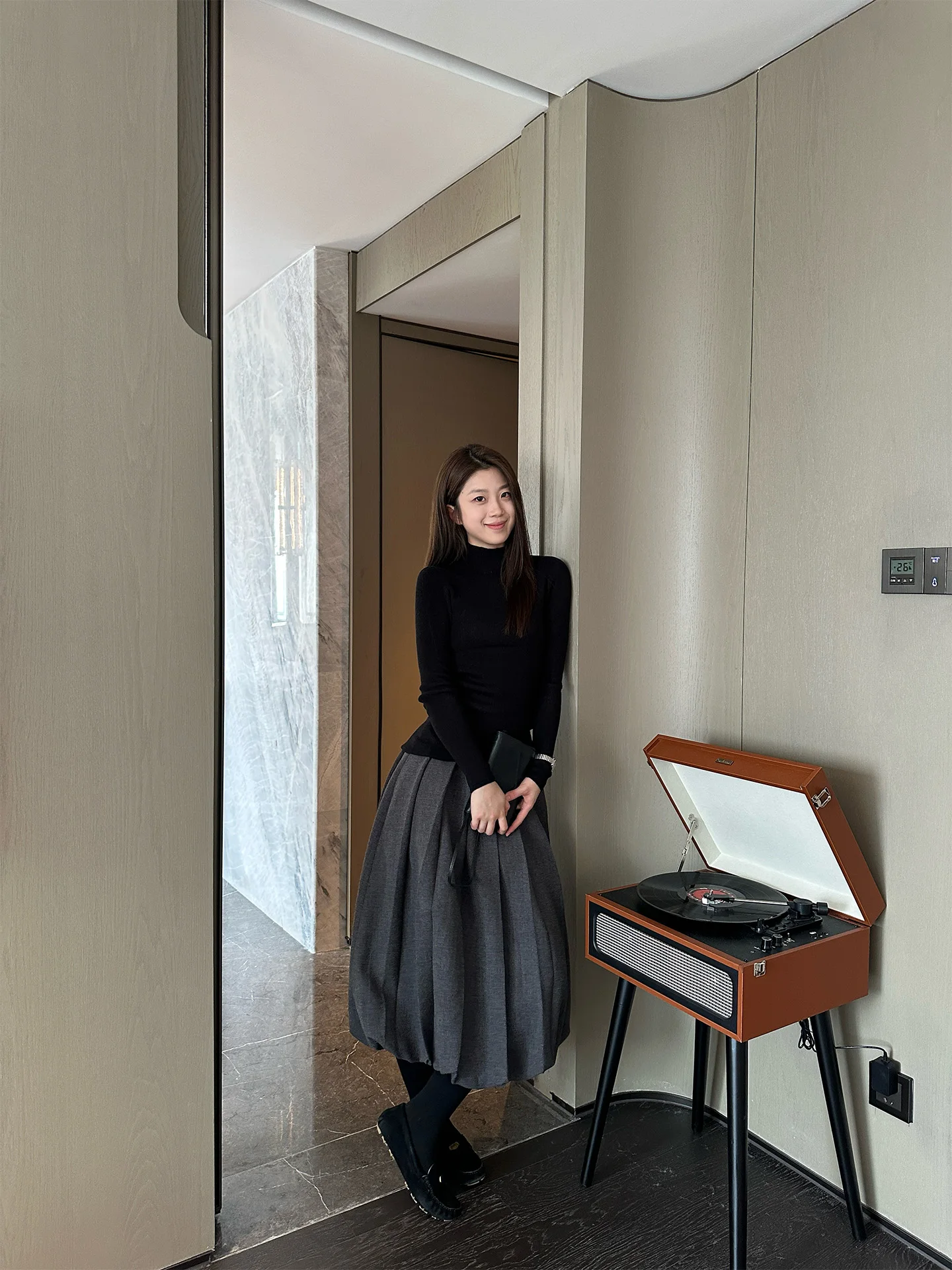 

Autumn Winter Wool Pleated Skirt A-Line Skirt Clean Fit Women's mid Waist Cotton Polyester Rayon Blend Ci Walk Skirt