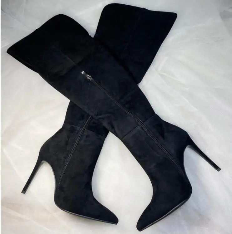 

Autumn Winter New Matte Black Sexy Pointy Over-The-Knee Boots 10Cm High Heel Thin Heel Cow Suede Leather Shoes for Women