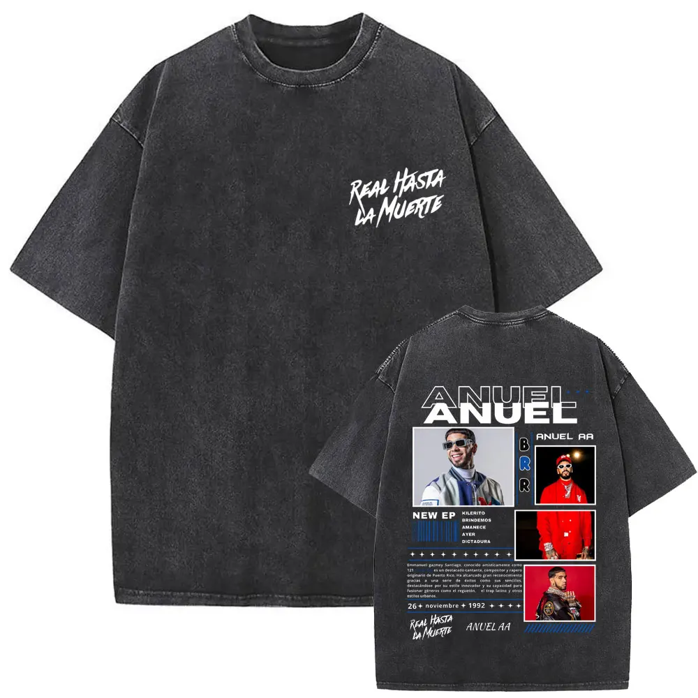 

Washed Vintage Rapper Anuel AA Real Hasta La Muerte T-shirts Mens Women Clothing Fashion Hip Hop Oversized T Shirts Short Sleeve