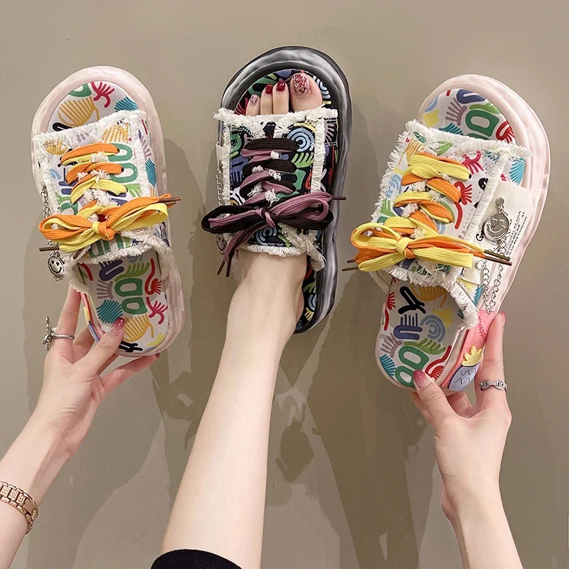 Fashion Design Summer Women Graffiti Slippers Platform Shoes Mules Flip Flops Street Sandals Clogs Flat Casual Shoes For Female