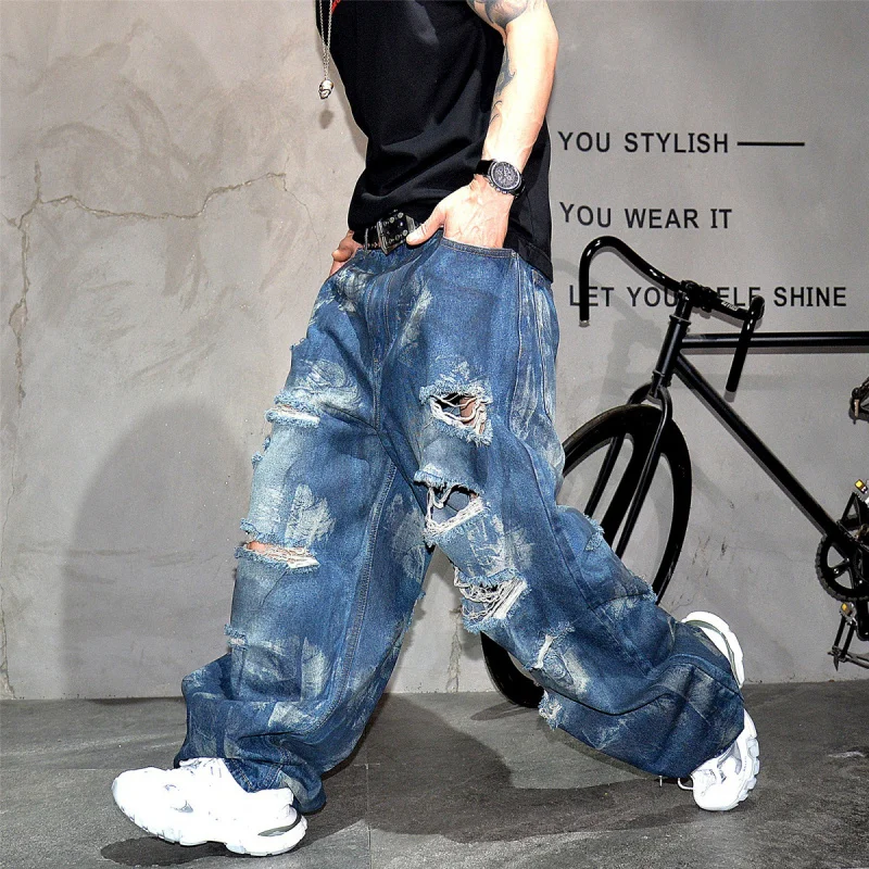 Street Fashion Heavy Destroyed Baggy Jeans Men, Wasteland Dirty Wash Loose Wide Leg Trousers