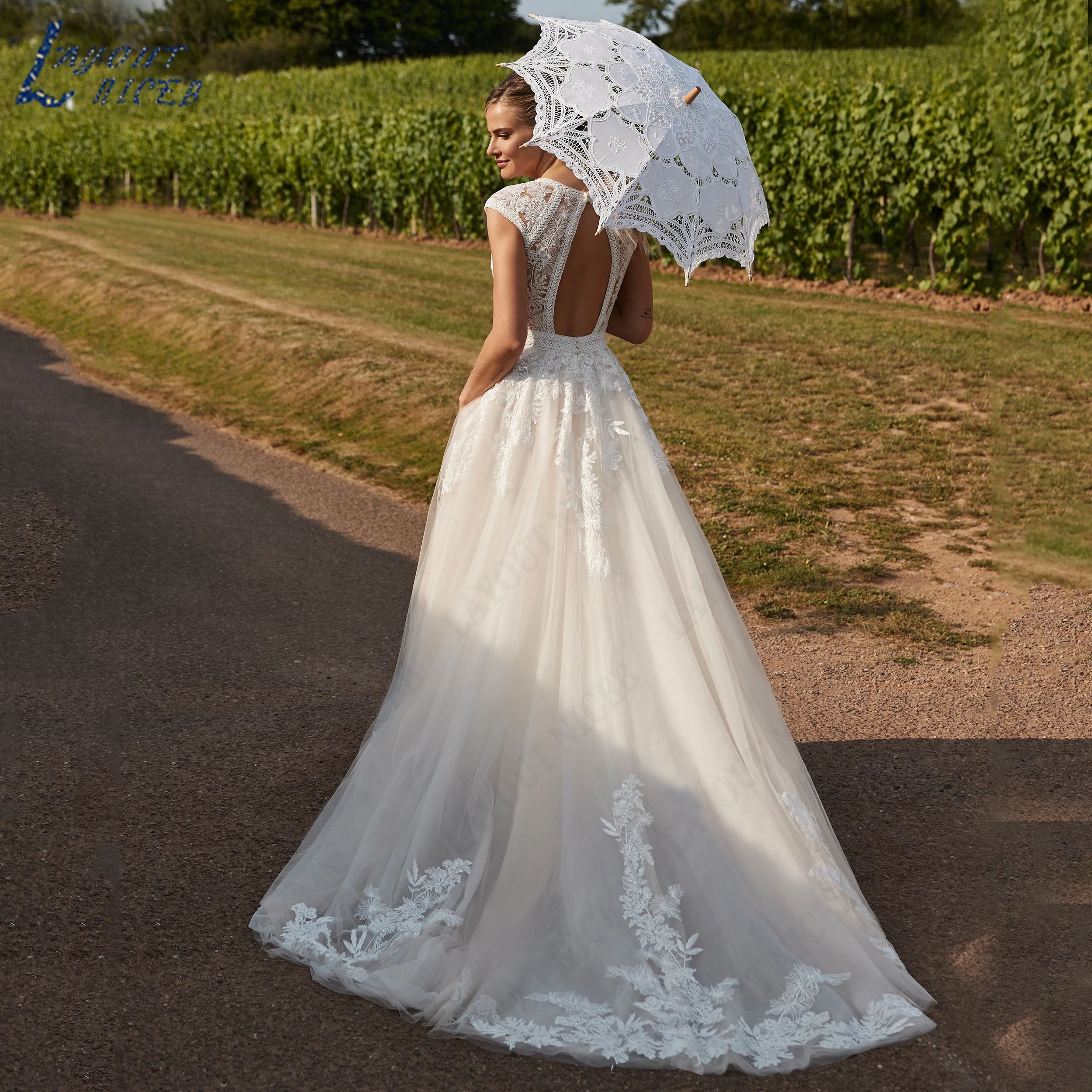 LAYOUT NICEB Customized Cap Sleeve V-Neck Tulle Bridal Gown Lace Applique Open Back  A-line Garden Bride Dresses For Women