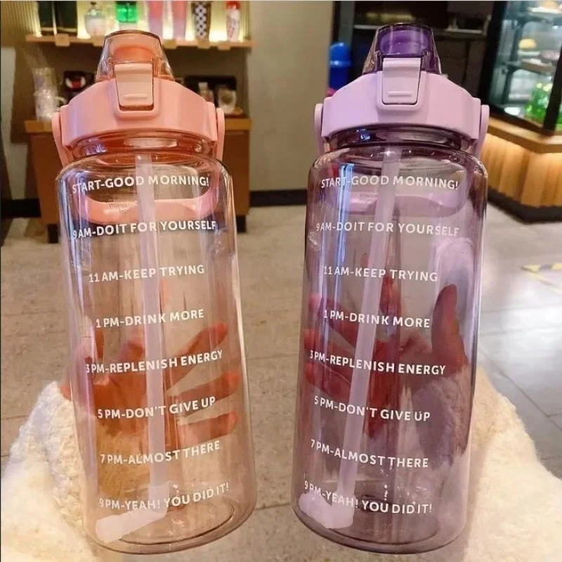 2L Sports Water Bottle with Straw Portable Large Capacity Water Bottles Fitness Bike Cup Summer Cold Water Jug with Time Marker