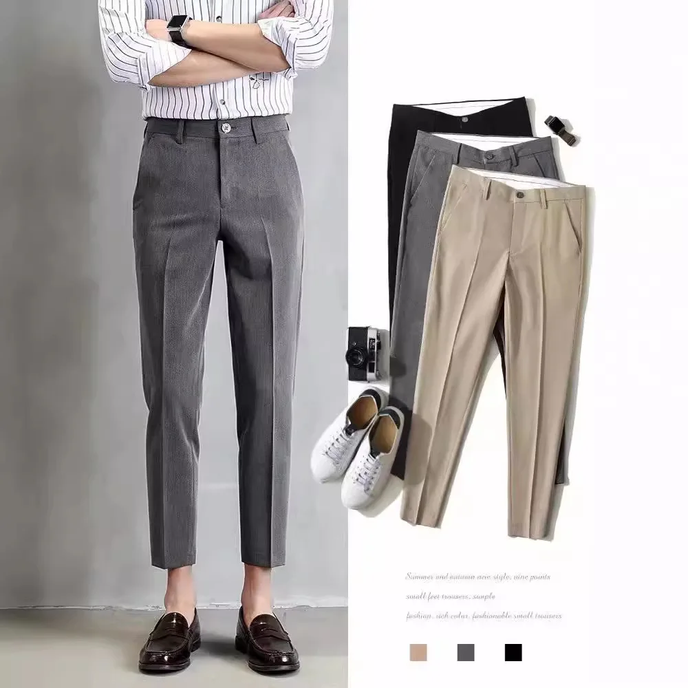 Men's summer slim fashion business casual pants men's elastic suit cropped pants plus size 28-36