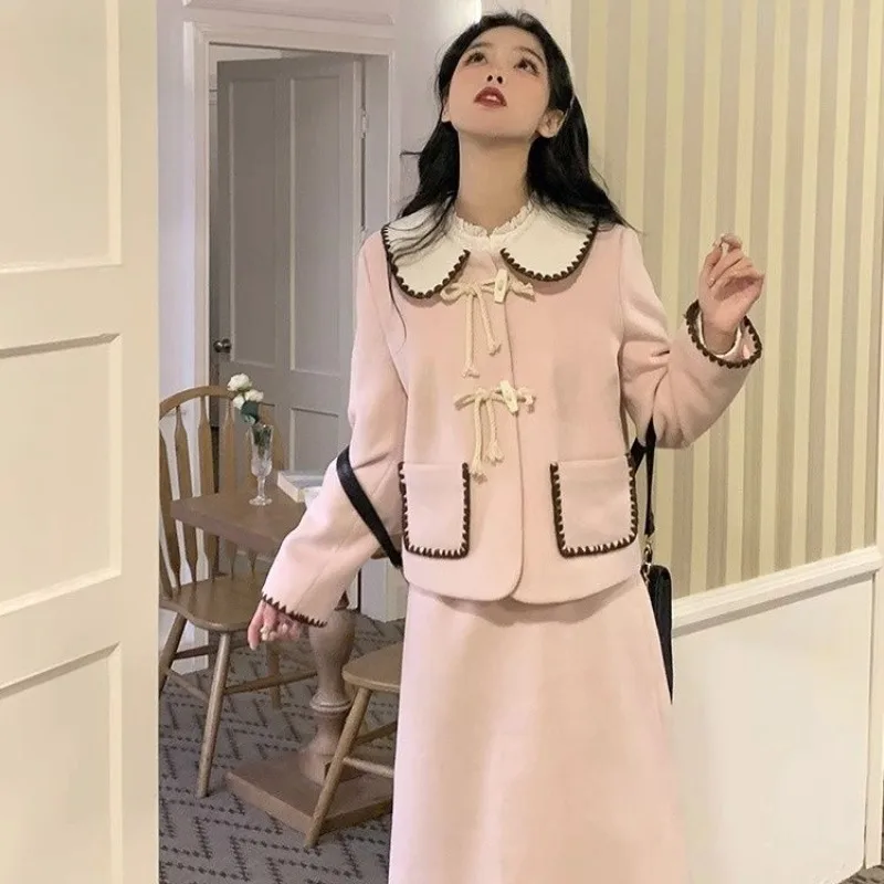 Autumn Pink College Style Blazer Sets Women Sweet Cute Doll Collar Bow Single-breasted Short Top Jacket and A-line Skirt Suits