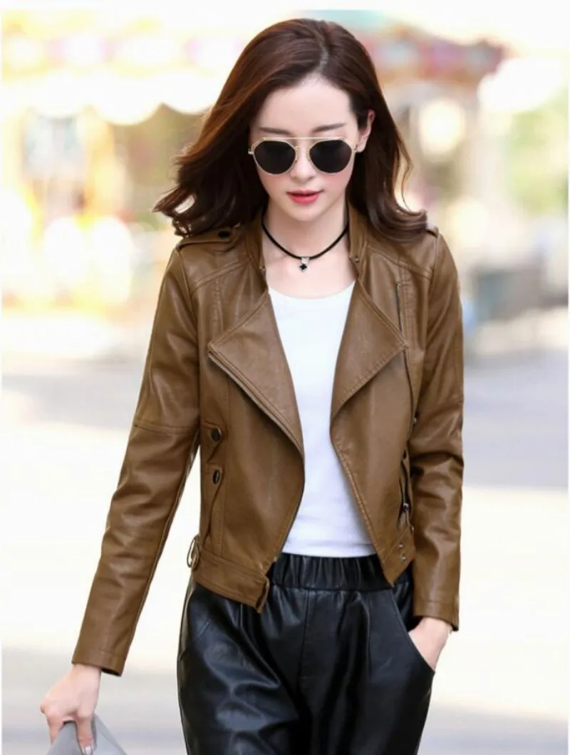 New Women Leather Jacket Spring Autumn 2023 Fashion Moto&Biker Style Outerwear Stand Collar Short Leather Coat