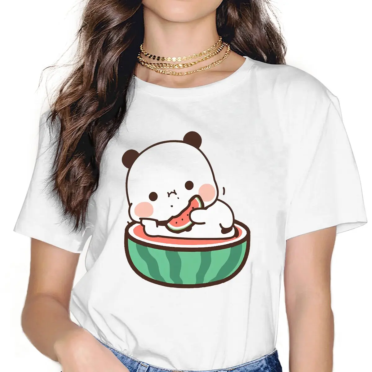 Watermelon Tok Women's T Shirt Milk and Mocha Bubu Dudu Ladies Tees Kawaii Polyester Tops Basic Tshirt y2k Hipster