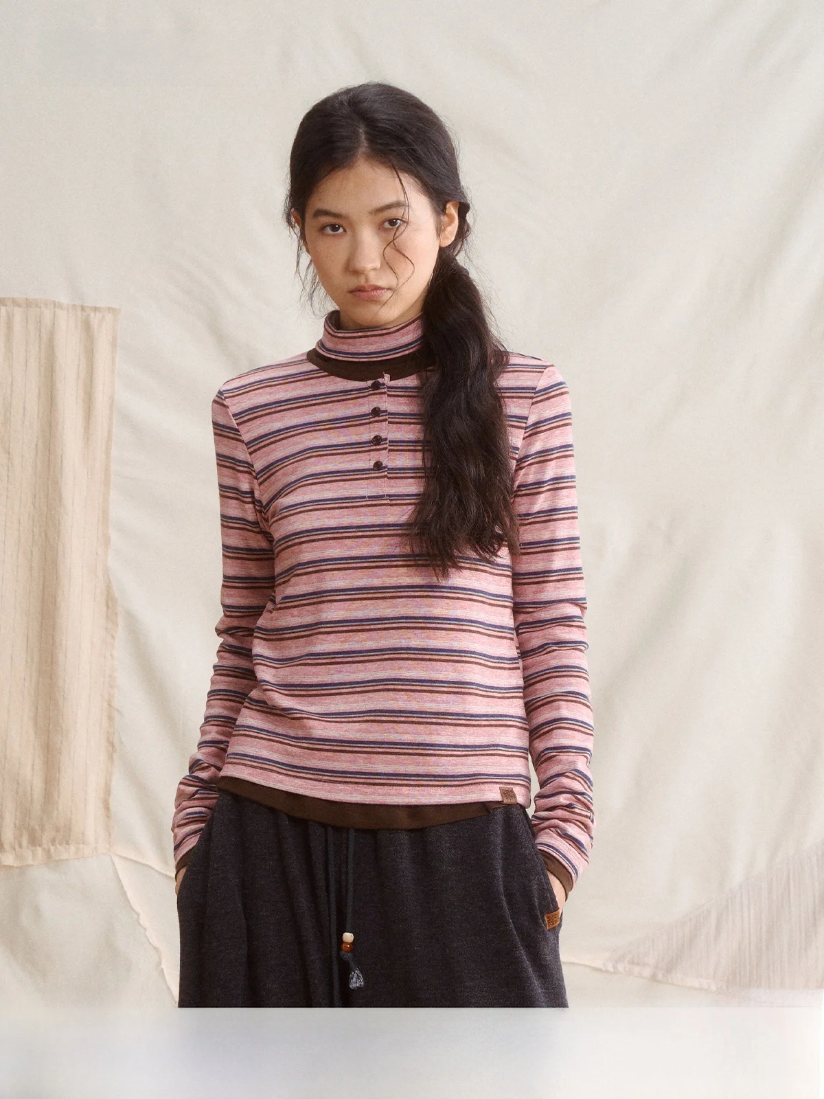 Saotome Rcelle Long Sleeve Striped Color Block Two Piece Set T-Shirt Women's Casual Style High Collar Regular Length Polyeste...