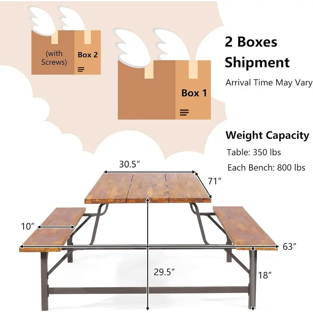 Acacia Wood Patio Dining Set with Metal Frame, 71 Rectangular Table and Umbrella Hole