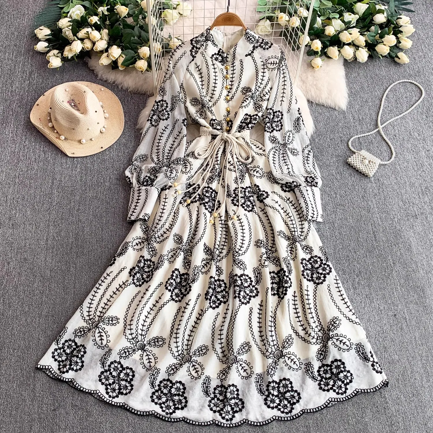 

Spring Autumn French High-end Women's Dress New Lace Embroidery Stand Lantern Sleeves Single Breasted Belt Party Birthday Dress