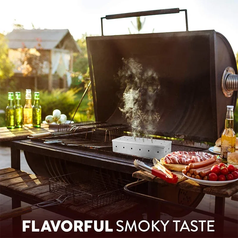 صندوق مدخن من الفولاذ المقاوم للصدأ لشواء الغاز، مدخن رقاقة الخشب، مدخن اللحوم، أداة الطبخ الخارجية، لا يتطلب طاقة ملحقات الشواء #6