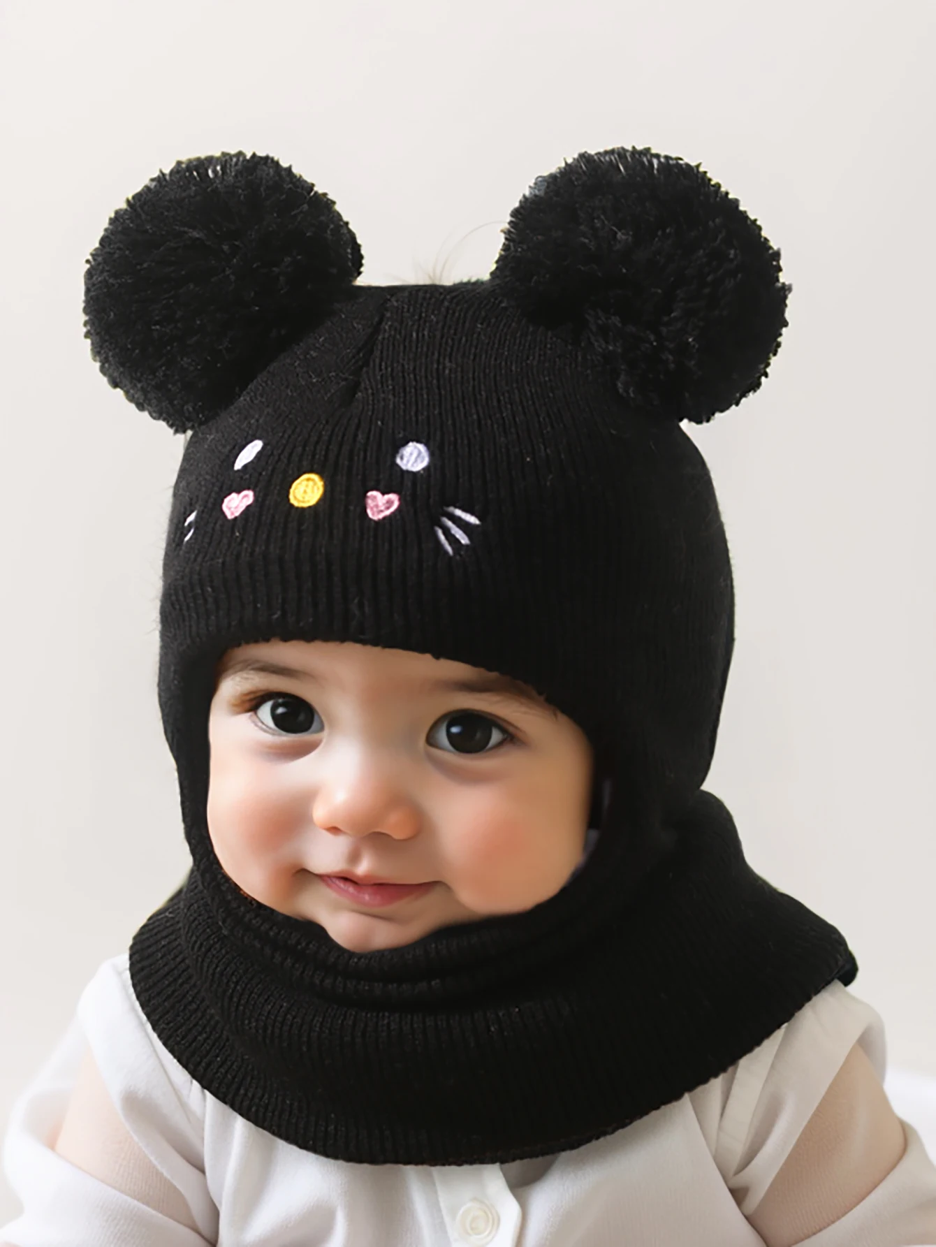 Gorro preto unissex para crianças pequenas, gorro duplo pom-pom para crianças e bebês, estilo y2k, chapéu de malha para recém-nascidos ao ar livre, quente wi, 1 peça