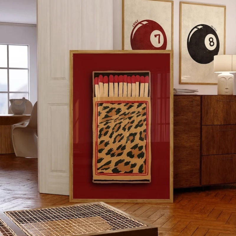 

1 Piece, Frameless Retro Leopard Print Matchbox Printable Wall Sticker - Stylish Dormitory and Bar Cart Decoration Poster