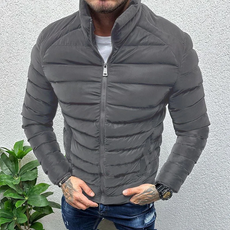 Winter Warm Men\'s Down Jacket Coat Streetwear Casual Slim Fit Stand Collar Zipper Cotton Padded Jackets Men Long Sleeve Coats