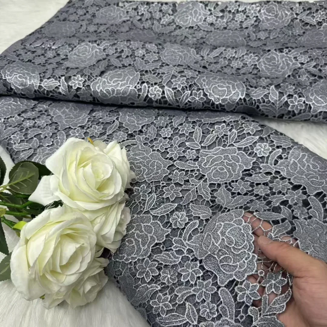 Wholesale Newest Gray Water Soluble Milk Silk Lace Fabric African Guipure Lace With Elegant Full Floral Embroidery Party Season