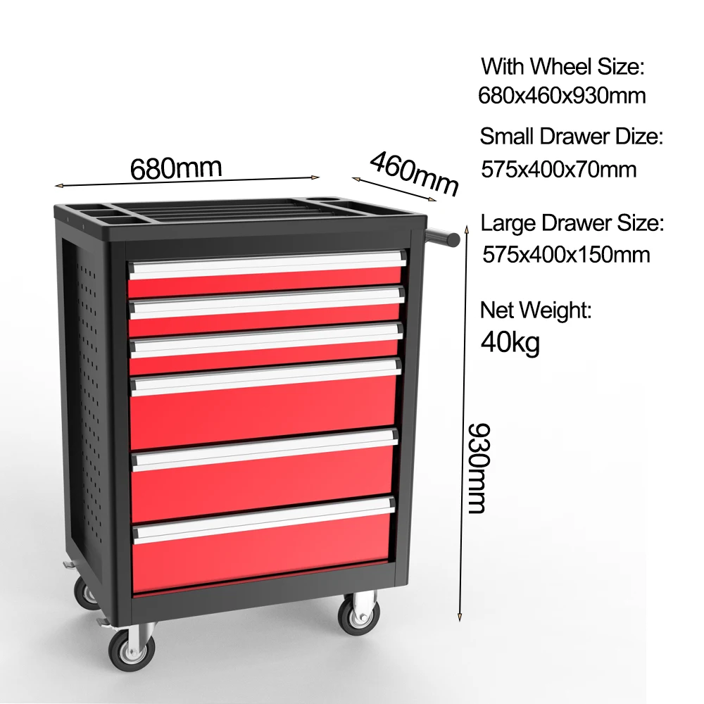 6 ลิ้นชัก Anti-stain เคาน์เตอร์อุตสาหกรรมซ่อมเครื่องมือชั้นเก็บล้อด้านข้างแขวนเครื่องมือ Toll รถเข็น