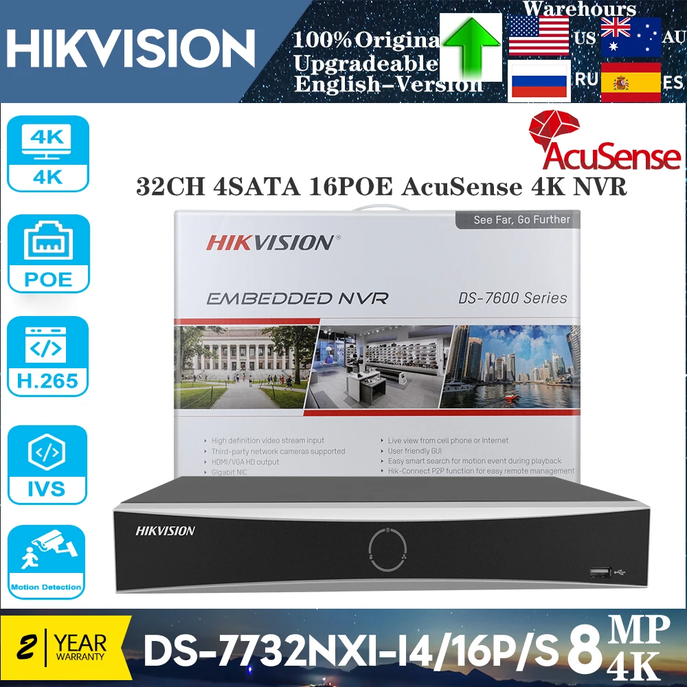 

Original Hikvision 32CH 16POE DS-7732NXI-I4/16P/S Ports 4K H.265+ AcuSense 4SATA NVR Network Video Recorder