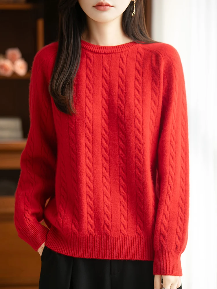 سترة تريكو من صوف ميرينو 100% بلوفر نسائي برقبة دائرية للخريف والشتاء من الصوف الخالص بأكمام طويلة ملابس شعبية مريحة