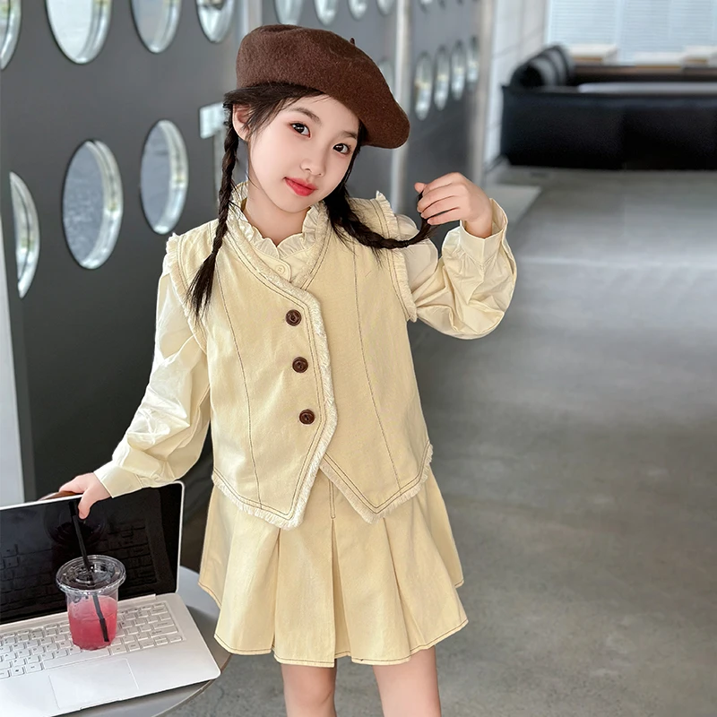 ensemble enfant fille teen girls skirt clothes set vest+Lotus leaf collar shirt+Pleated skirt 3pcs junior kid suit child outfits