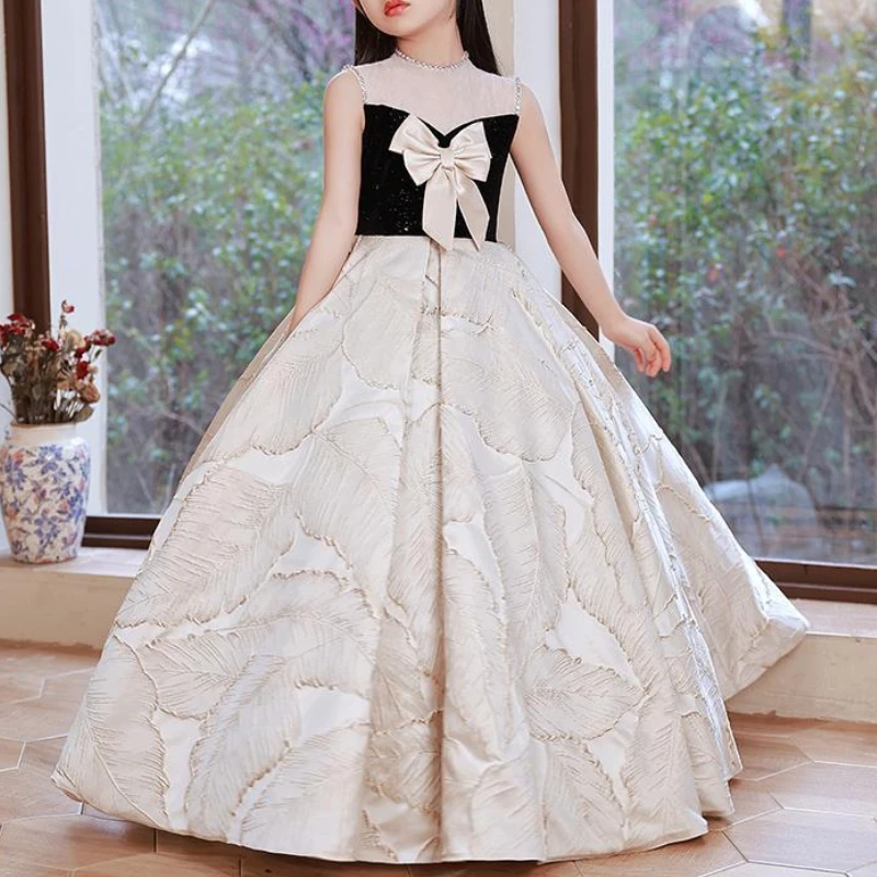 Customized High End French O-neck Sleeveless Gown Exquisite Luxury Spliced Satin Birthday Party Dresses Temperament Long Flower