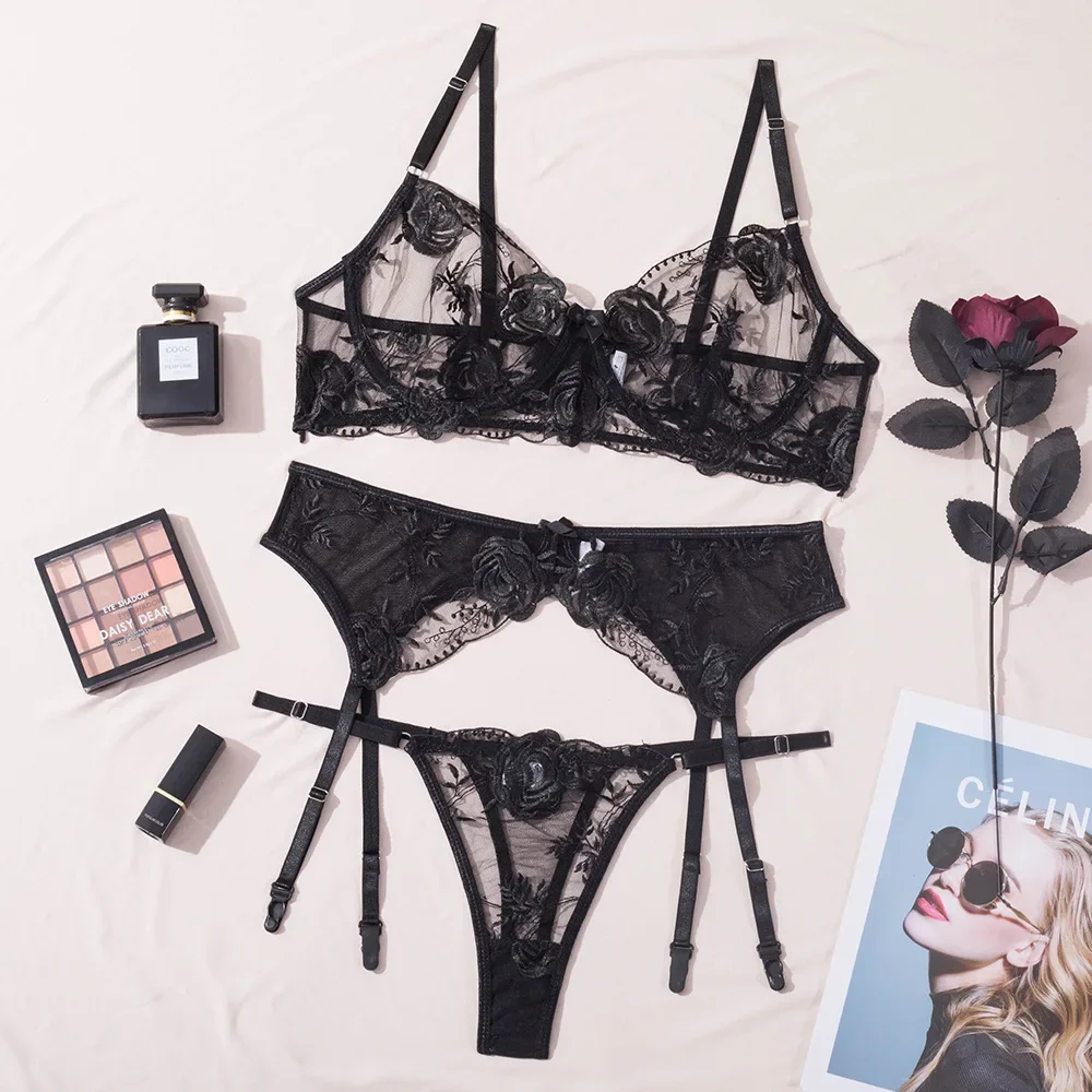 

Sexy Erotic Lingerie Women Bra And Panty Garters 3pcs See Through Lingerie Sets Sexy Women's Underwear Set Female Sexy Costumes