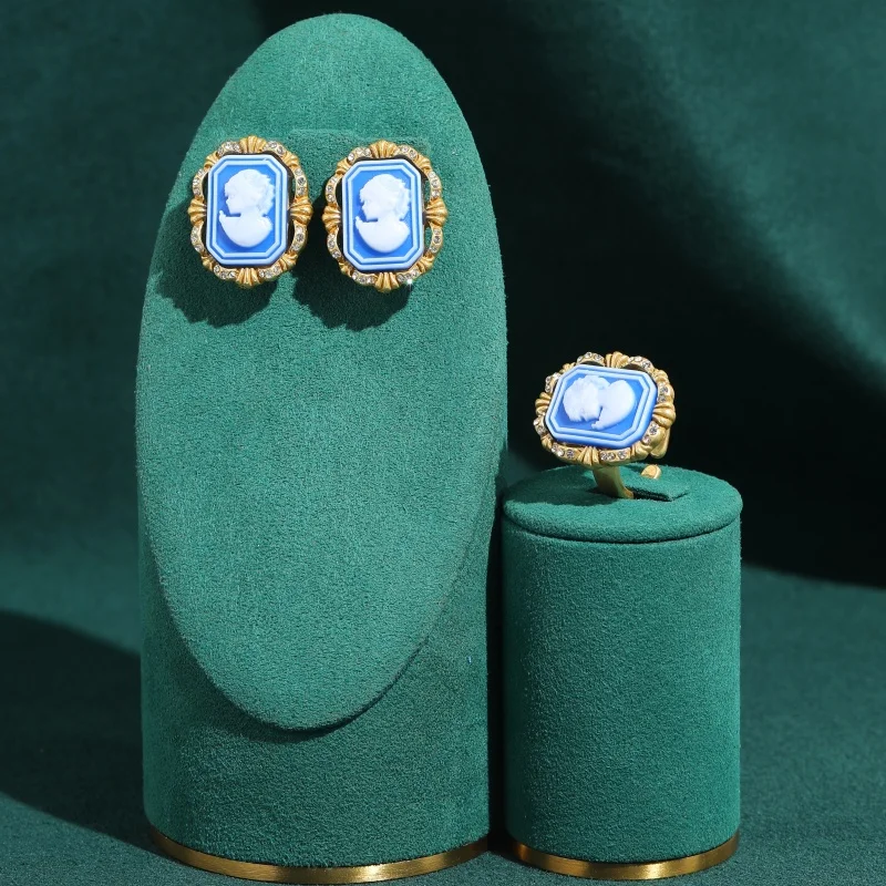Vintage Blue Cameo Relief Beautiful Jewelry Sets Earrings Ring High Quality Luxury Elegant Classic Wedding Party Gift For Women